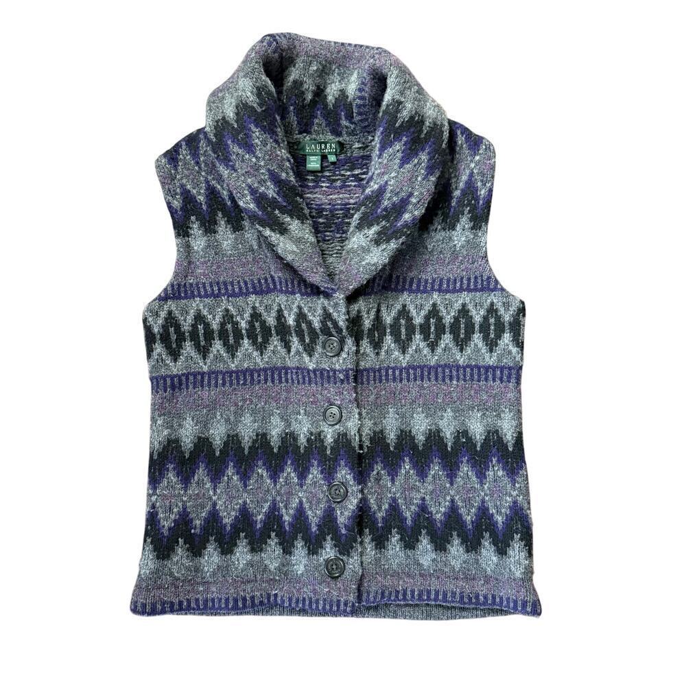 Lauren Ralph Lauren Lambswool Sweater Vest Gray Purple Aztec Western Preppy Sz S